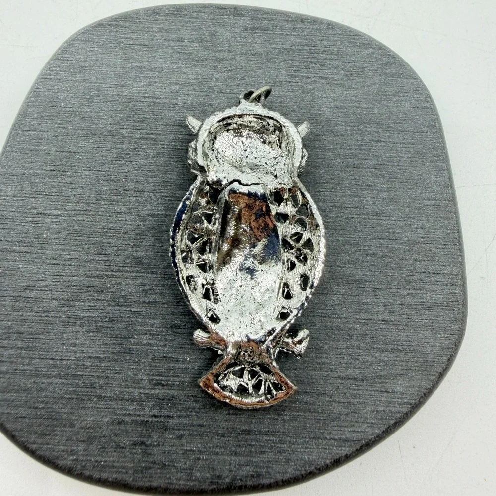 Silver Tone Red Rhinestone Eye Owl Pendant Gothic Halloween Statement Jewelry